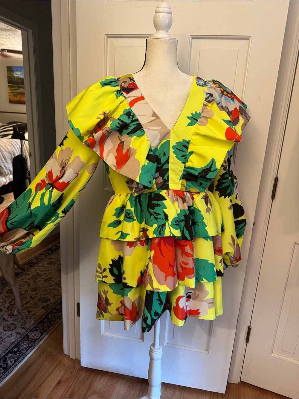 Christopher John Rogers Neon Yellow Floral Tiered Midi Dress